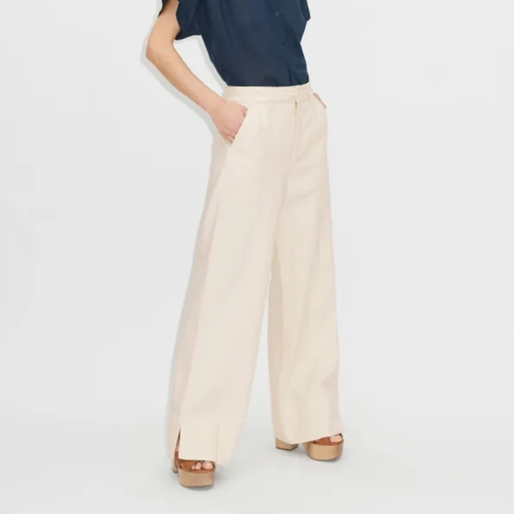 $295 ME+EM Herringbone Cotton Relaxed Straight-Leg Trouser